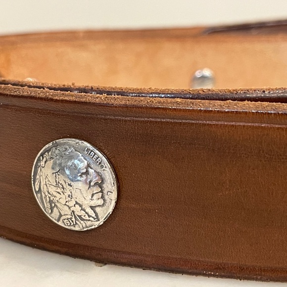 Changeable Eagle Buckle Belt with Silver Coins Handmade Brown Leather - Picture 6 of 13